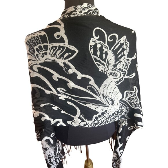 Natasha Black & Beige Butterfly Print Viscose Scarf Shawl Wrap - Picture 3 of 6